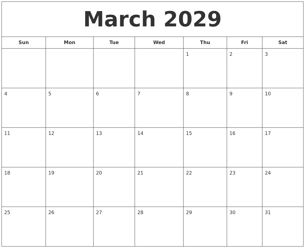 March 2029 Printable Calendar