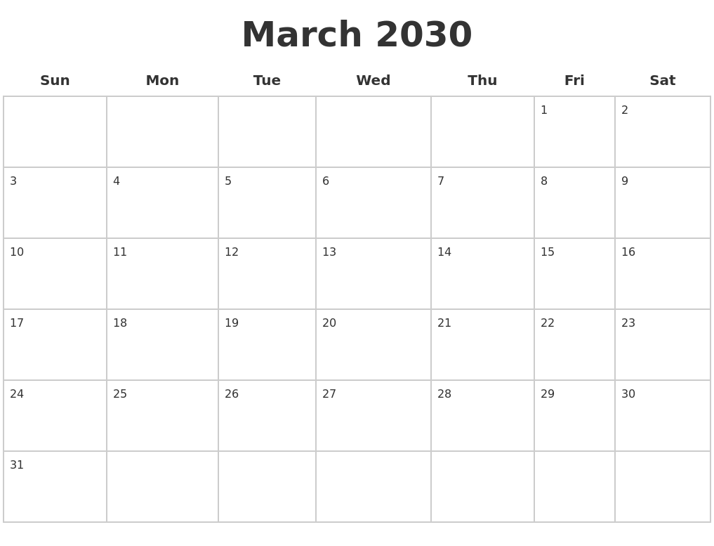 March 2030 Blank Calendar Pages