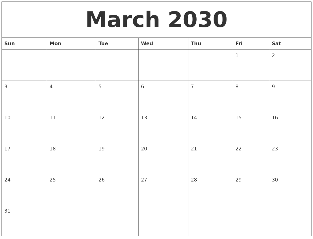 March 2030 Blank Calendar To Print