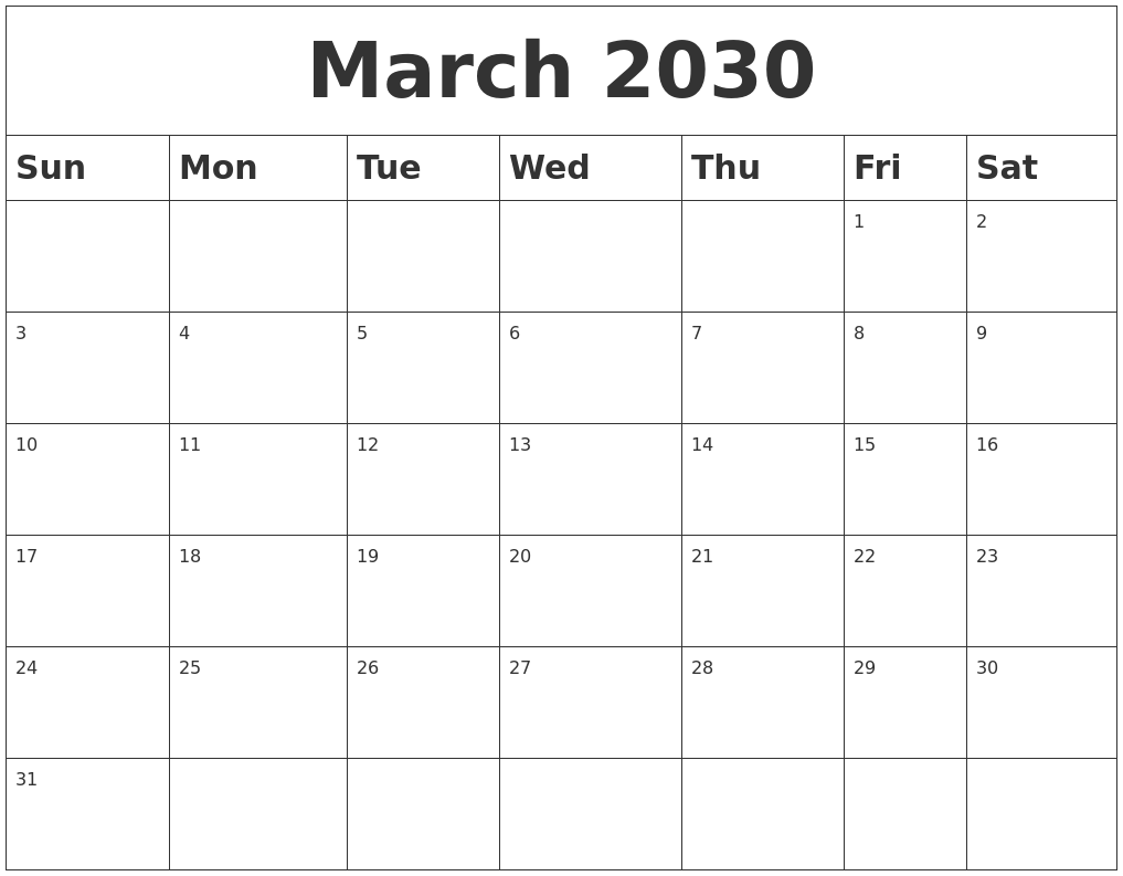March 2030 Blank Calendar
