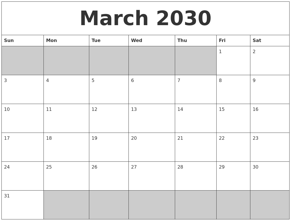 March 2030 Blank Printable Calendar