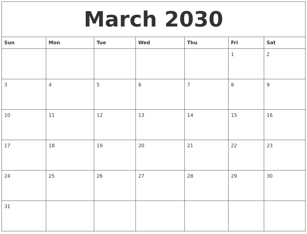 March 2030 Calendar Print Out