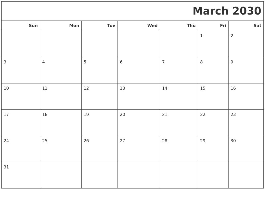 March 2030 Calendars To Print