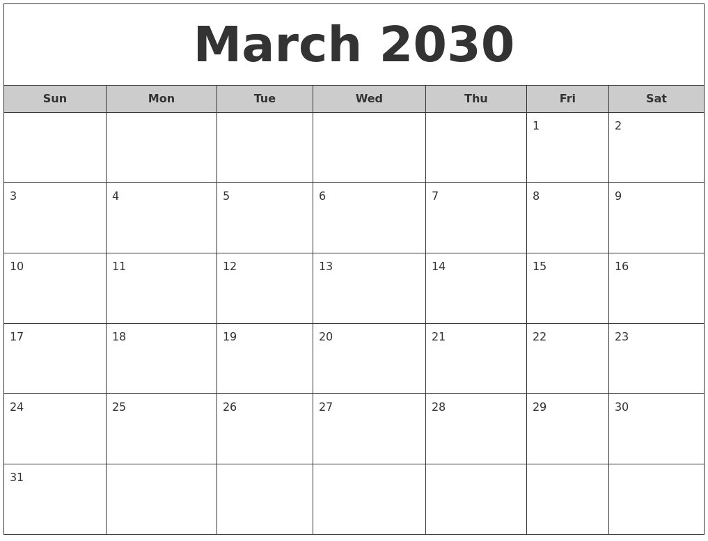 March 2030 Free Monthly Calendar
