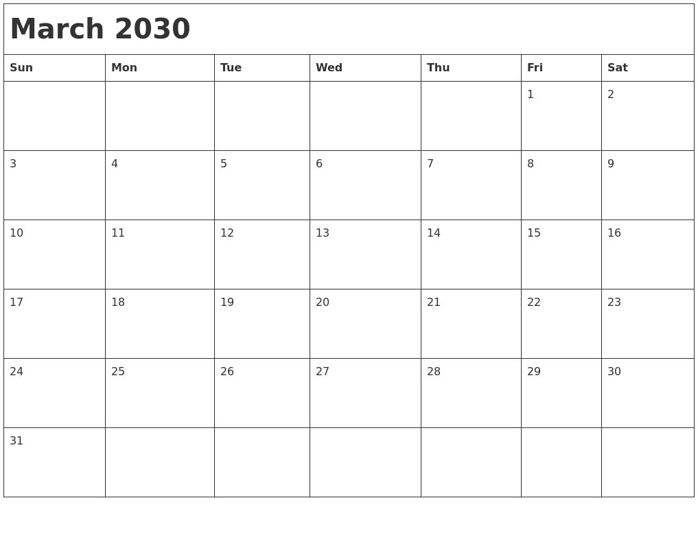 March 2030 Month Calendar