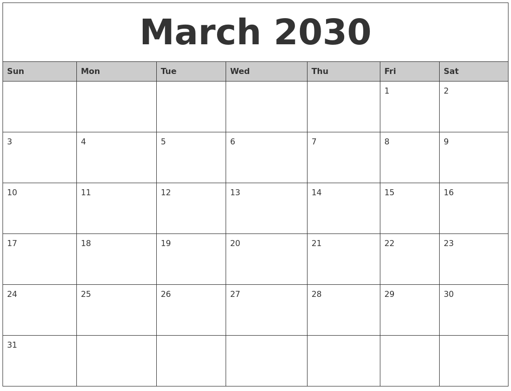 March 2030 Monthly Calendar Printable