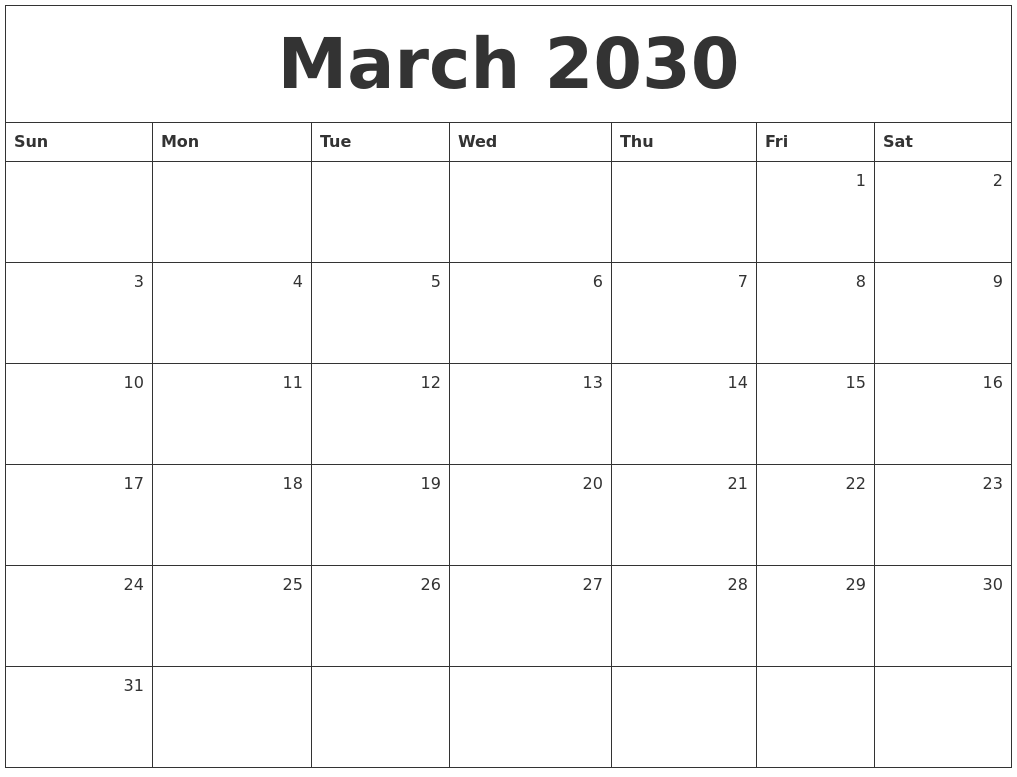 March 2030 Monthly Calendar