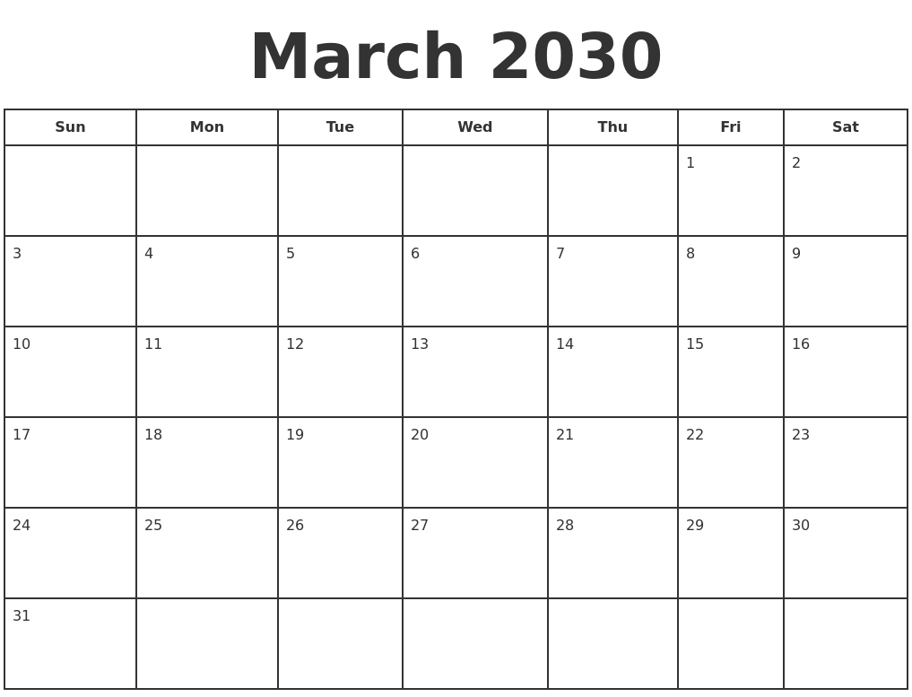 March 2030 Print A Calendar