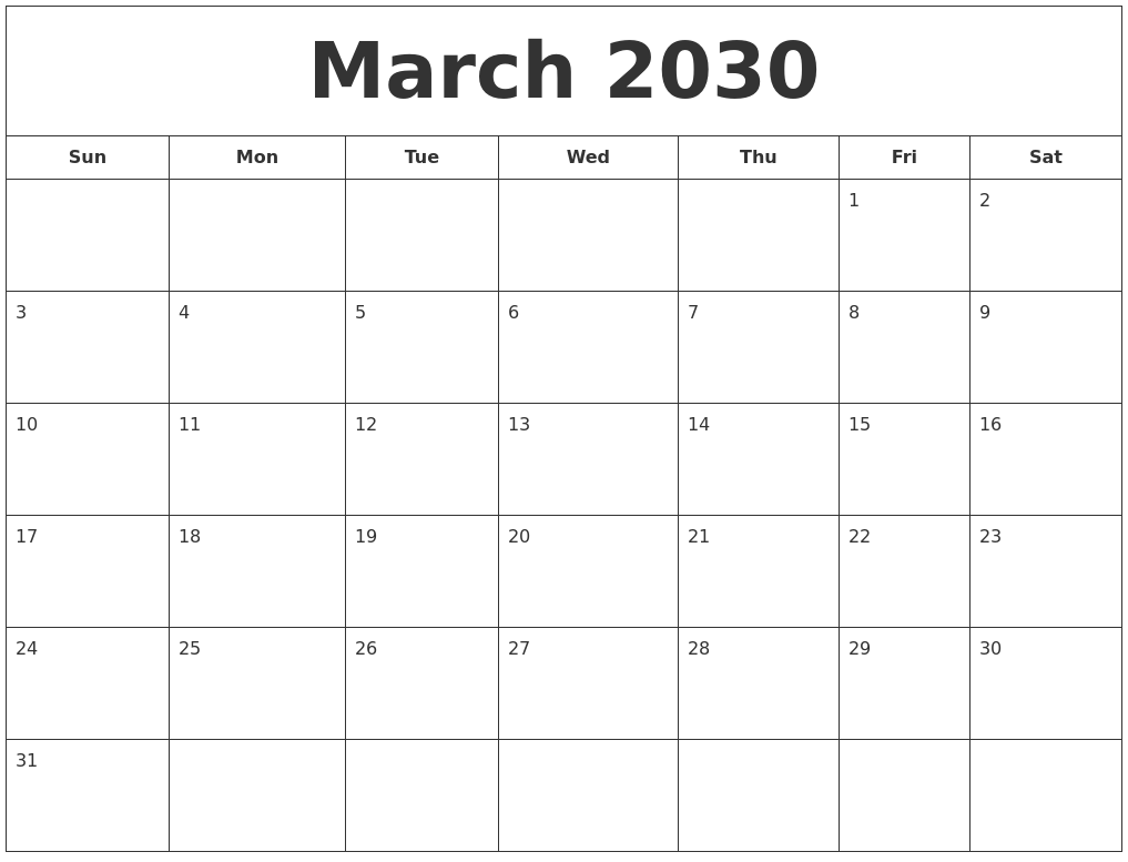 March 2030 Printable Calendar