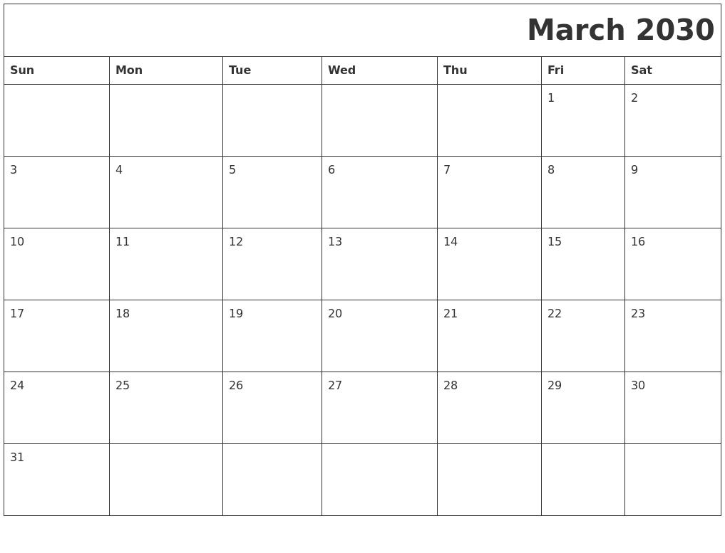 March 2030 Printable Calender