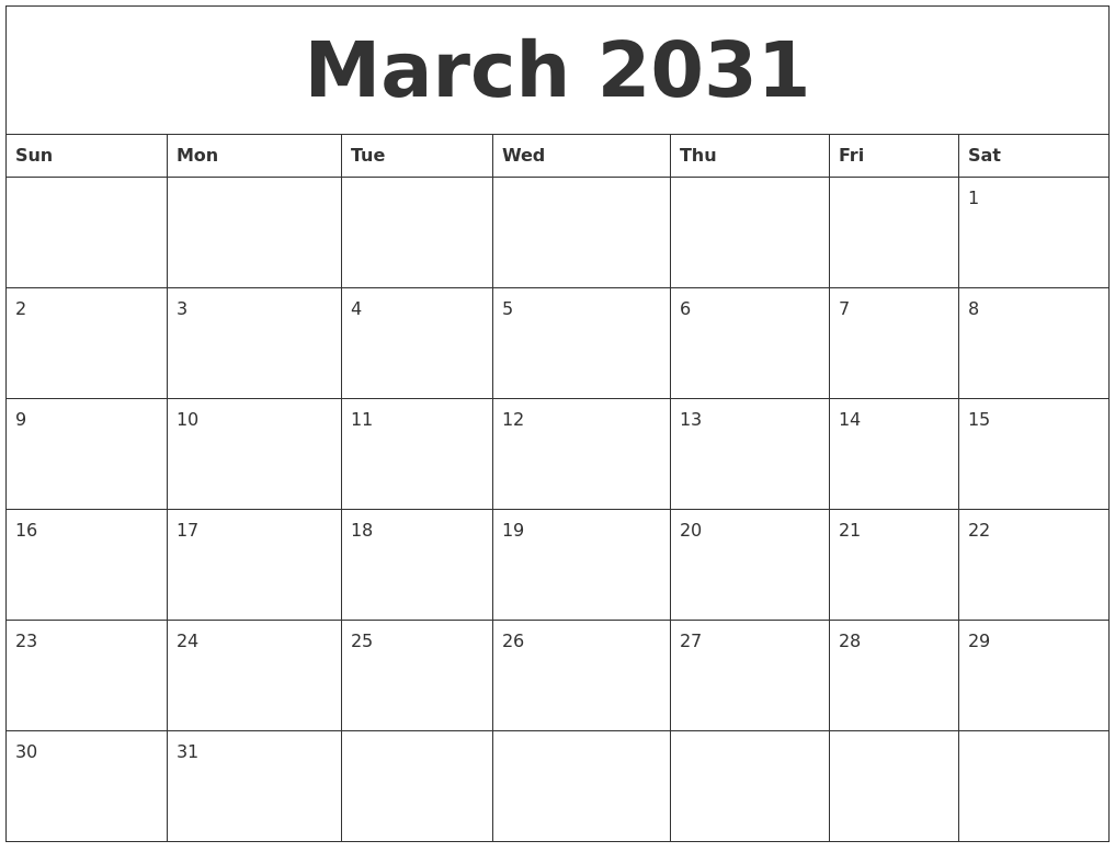 March 2031 Blank Calendar To Print