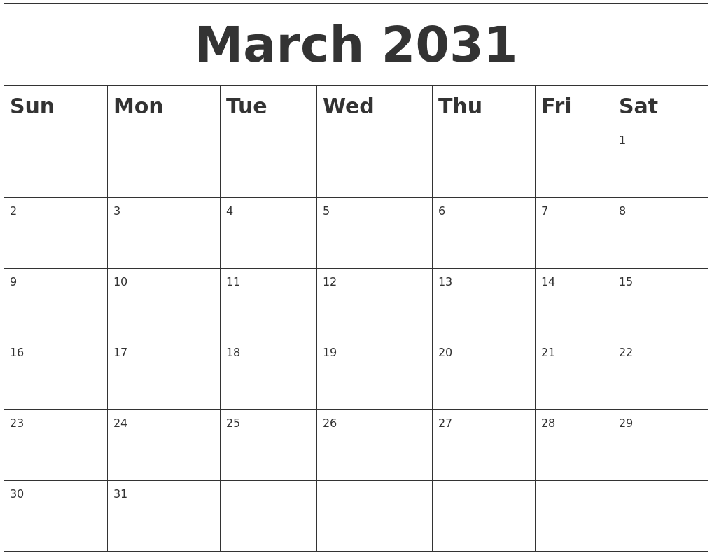 March 2031 Blank Calendar