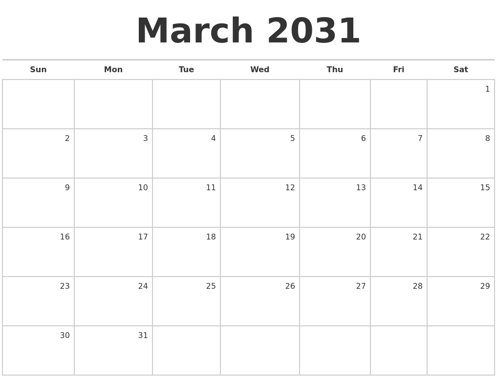 March 2031 Blank Monthly Calendar