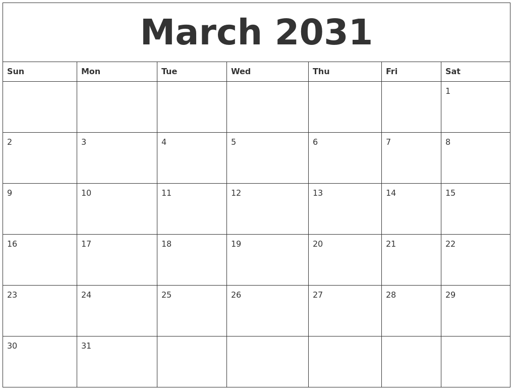 March 2031 Calendar Print Out