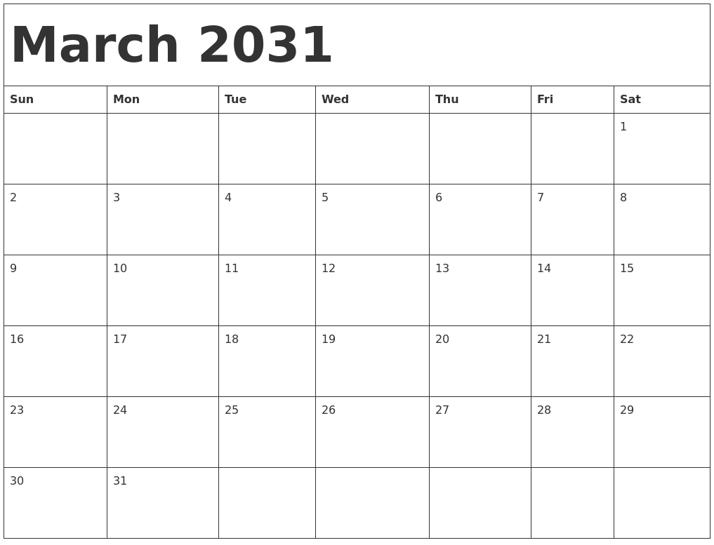 March 2031 Calendar Template