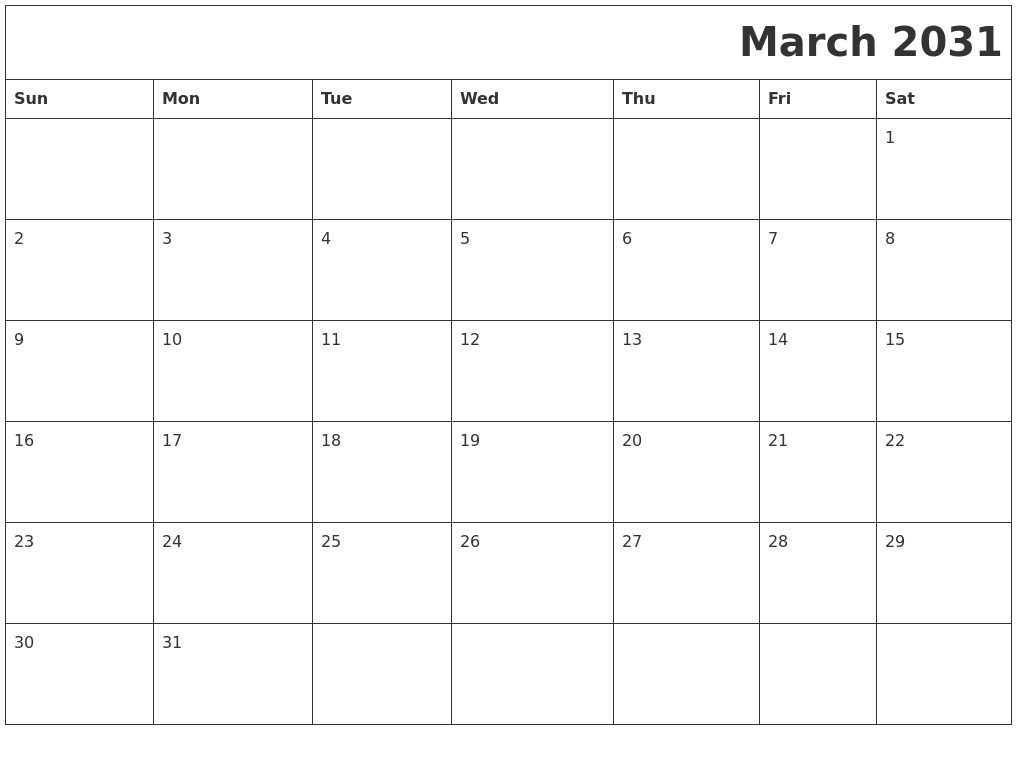 March 2031 Download Calendar