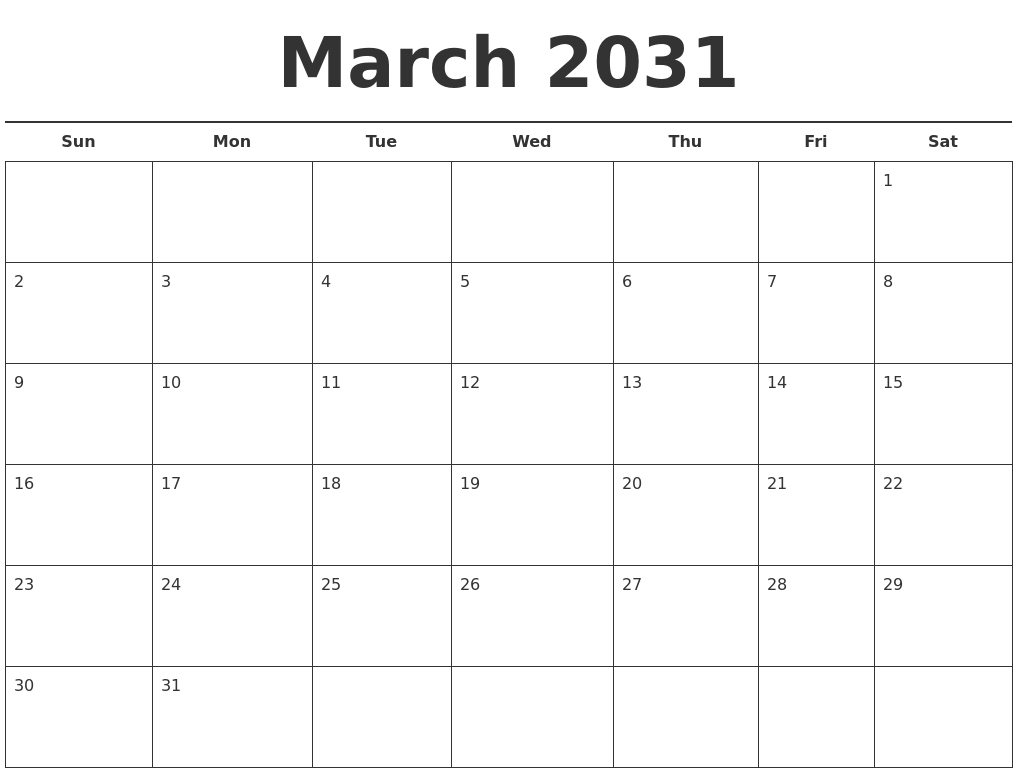 March 2031 Free Calendar Template
