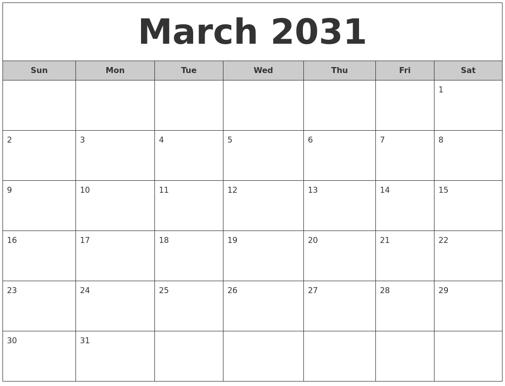 March 2031 Free Monthly Calendar