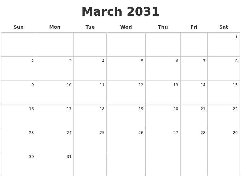 March 2031 Make A Calendar