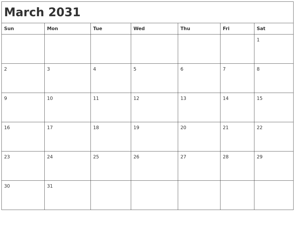 March 2031 Month Calendar