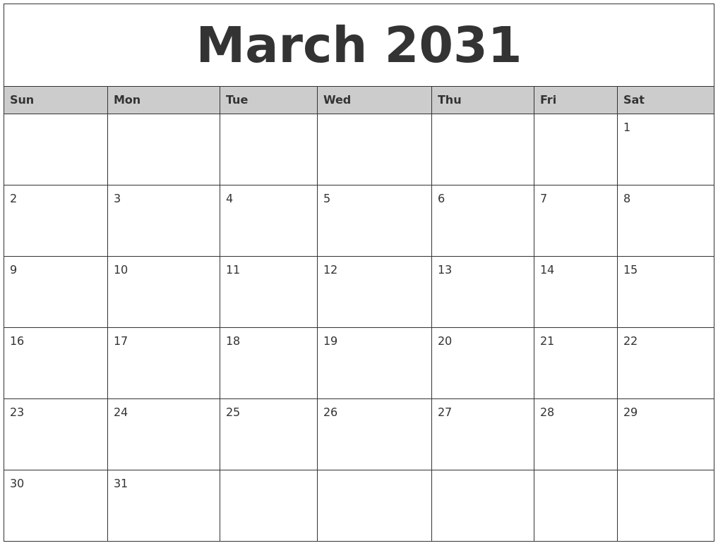 March 2031 Monthly Calendar Printable