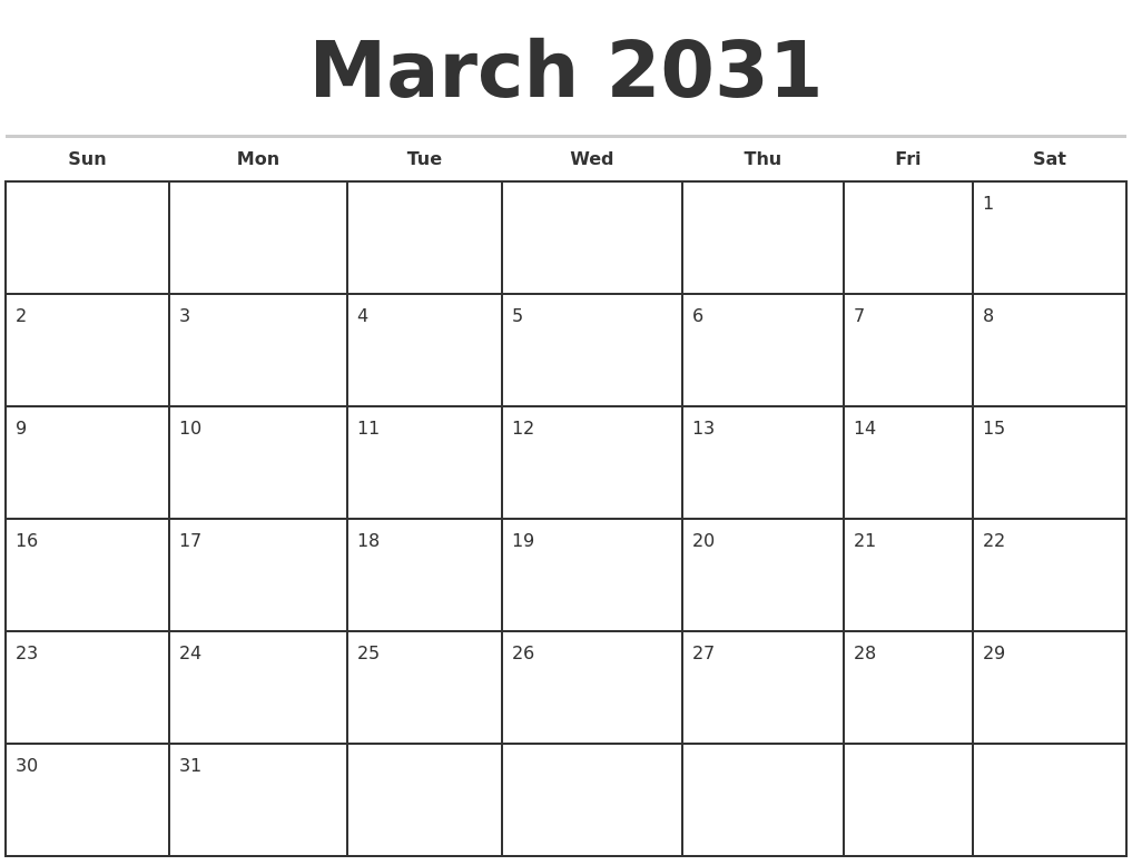 March 2031 Monthly Calendar Template