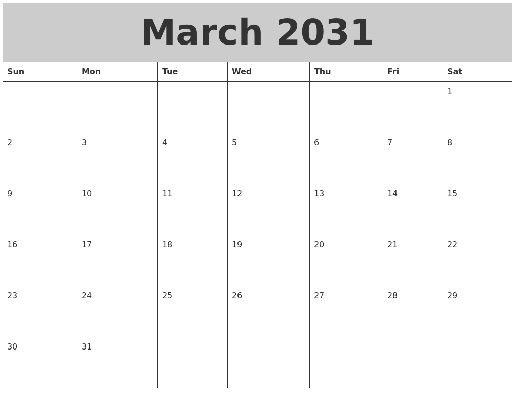 March 2031 My Calendar