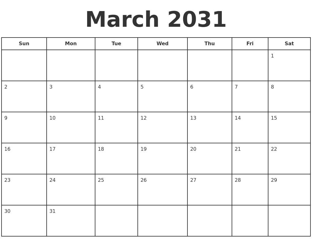 March 2031 Print A Calendar