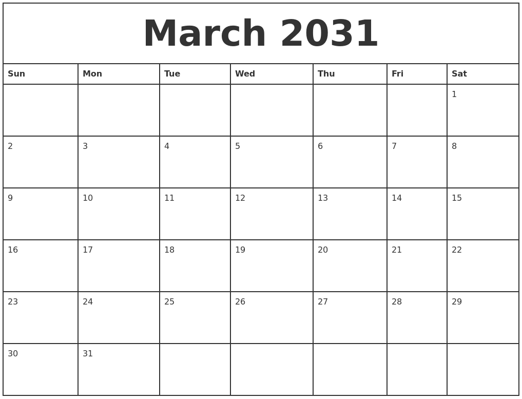 March 2031 Printable Monthly Calendar