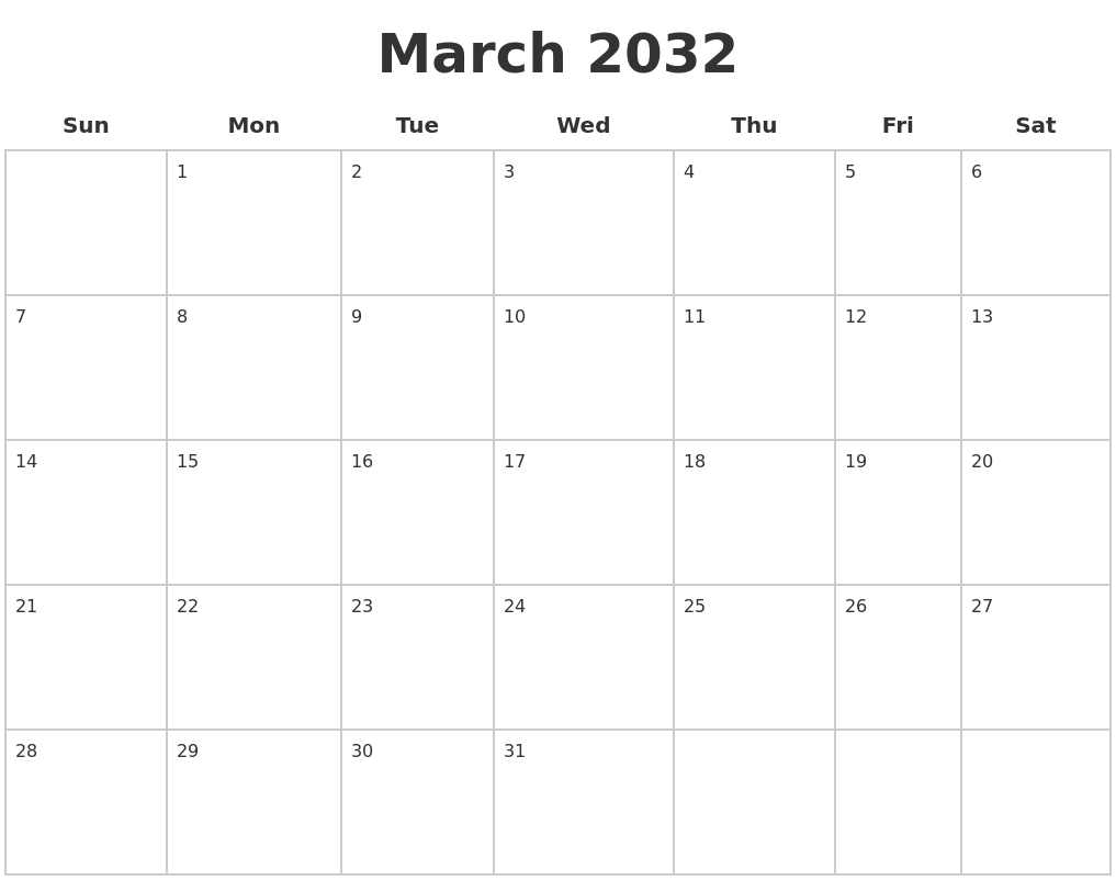 March 2032 Blank Calendar Pages