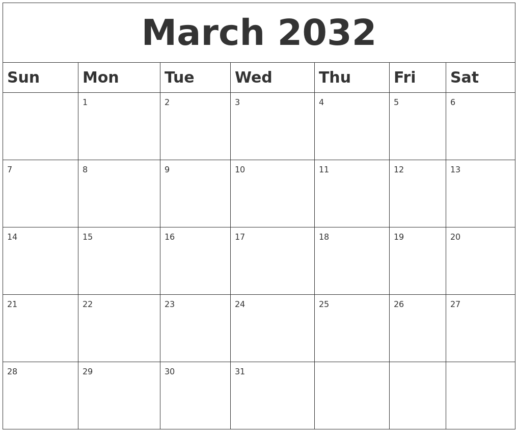 March 2032 Blank Calendar