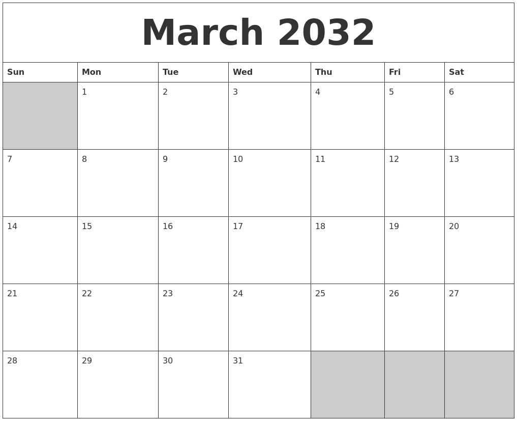 March 2032 Blank Printable Calendar