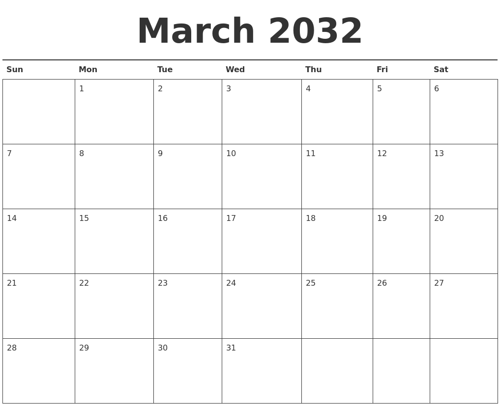 March 2032 Calendar Printable