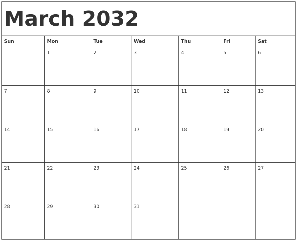 March 2032 Calendar Template