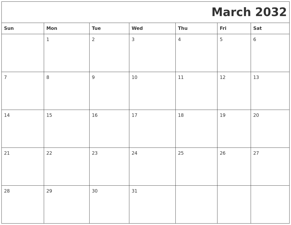 March 2032 Download Calendar