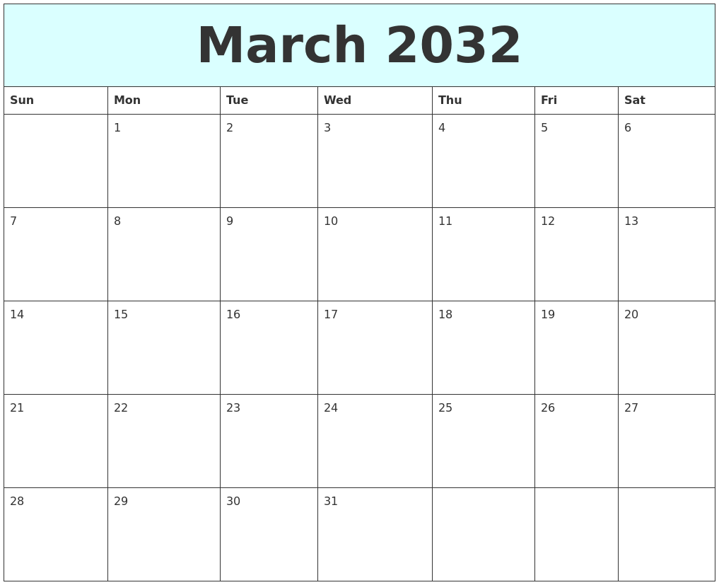 March 2032 Free Calendar