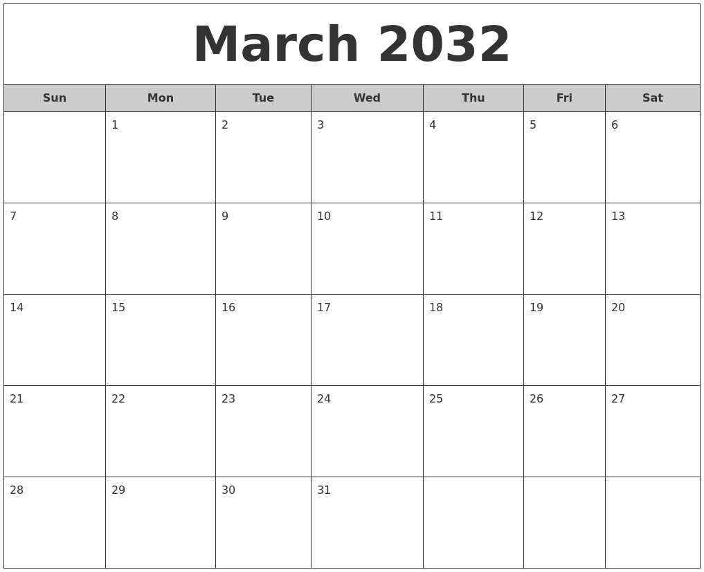 March 2032 Free Monthly Calendar