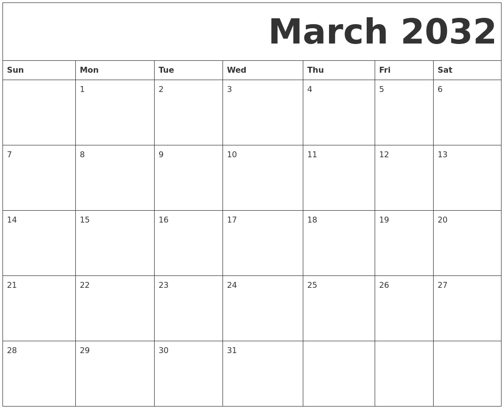 March 2032 Free Printable Calendar