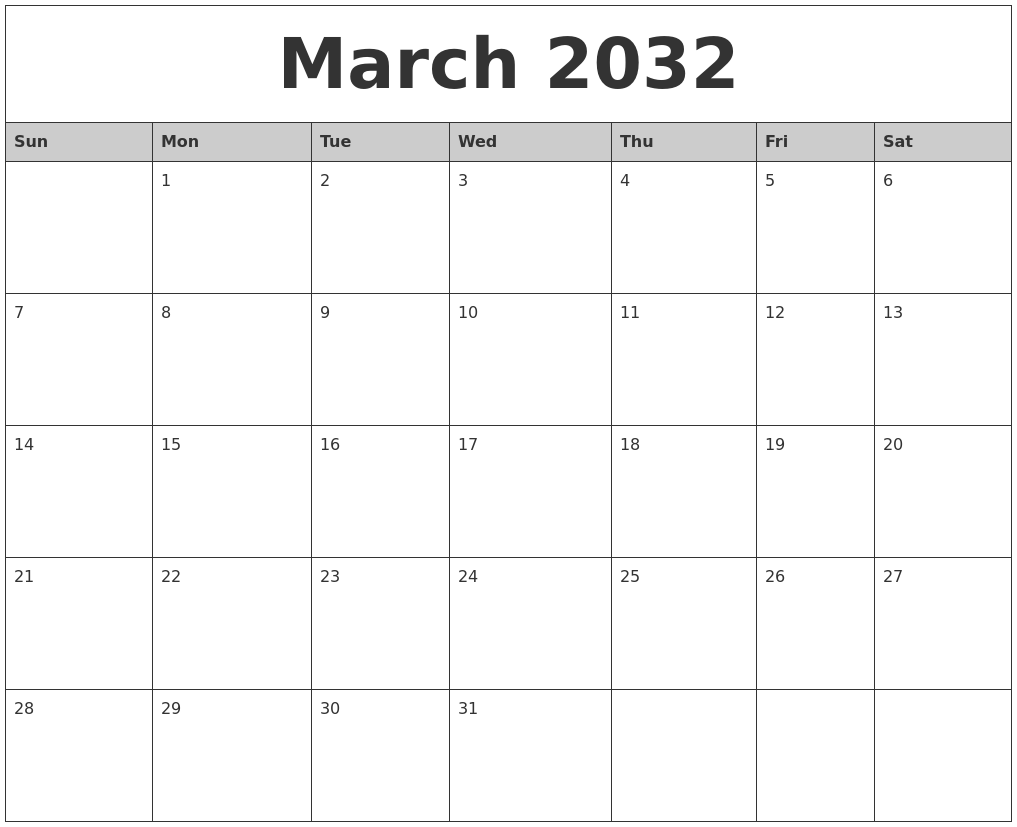 March 2032 Monthly Calendar Printable