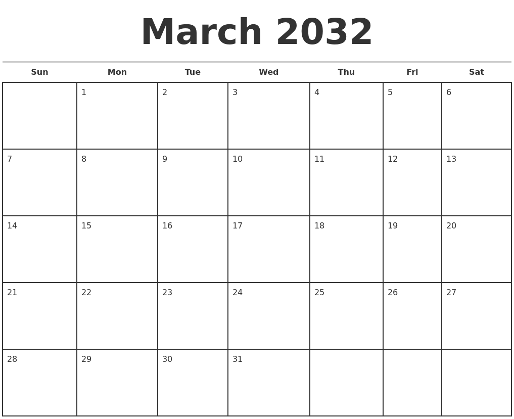 March 2032 Monthly Calendar Template