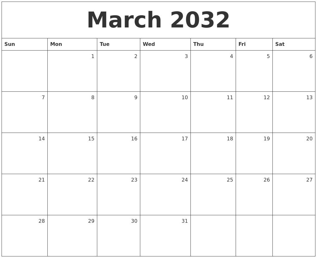 March 2032 Monthly Calendar