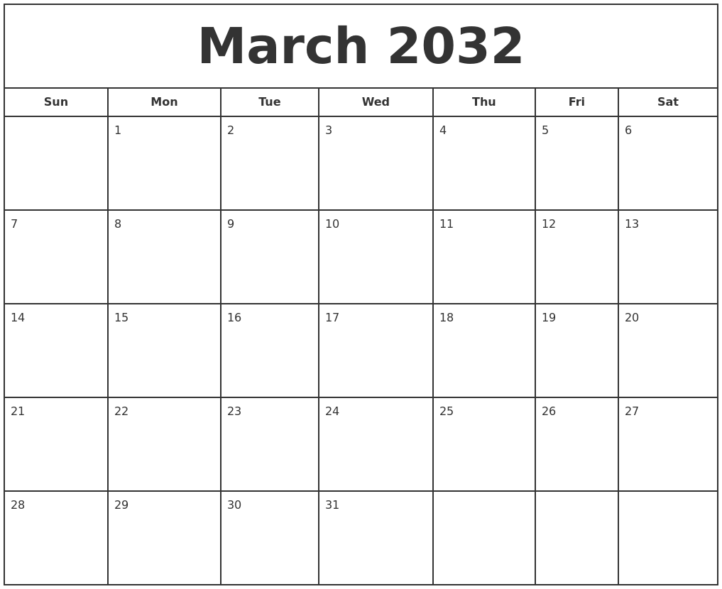 March 2032 Print Free Calendar