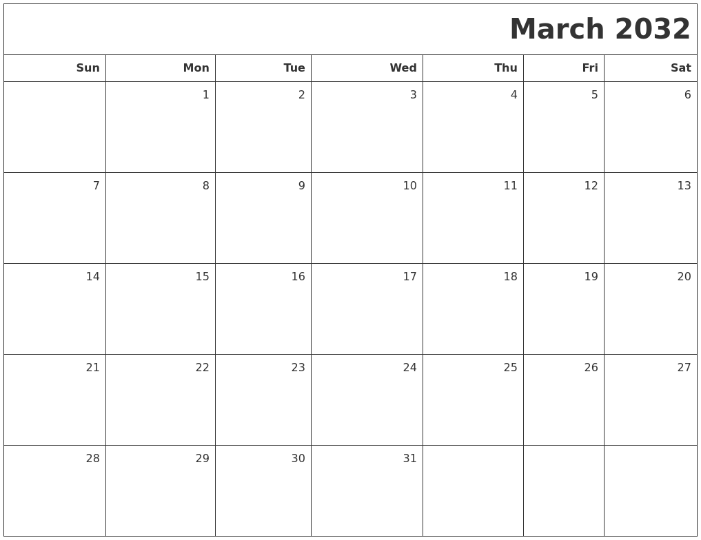 March 2032 Printable Blank Calendar
