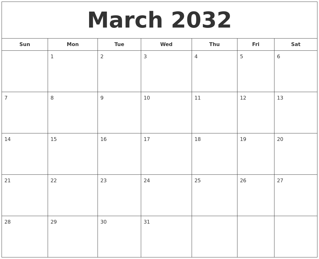 March 2032 Printable Calendar