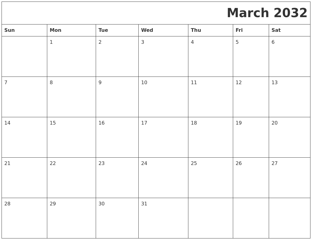 March 2032 Printable Calender