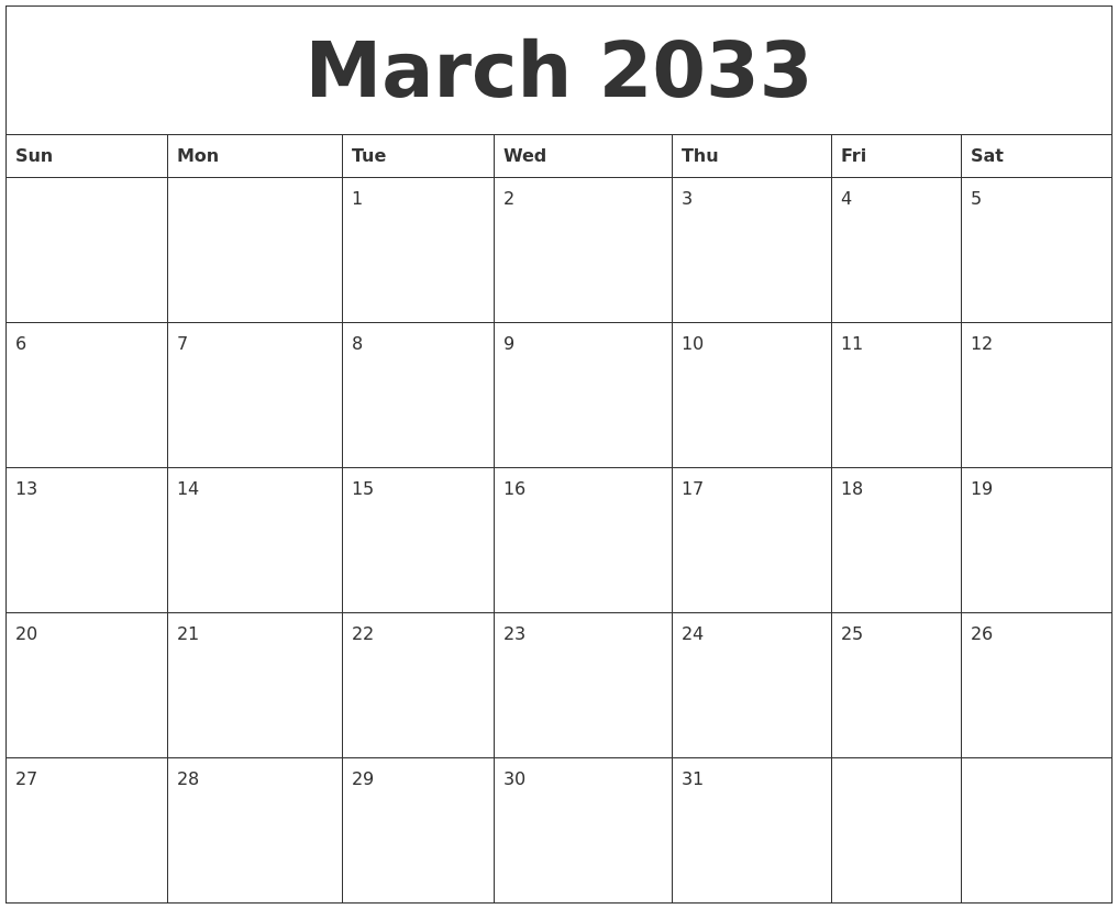 March 2033 Birthday Calendar Template