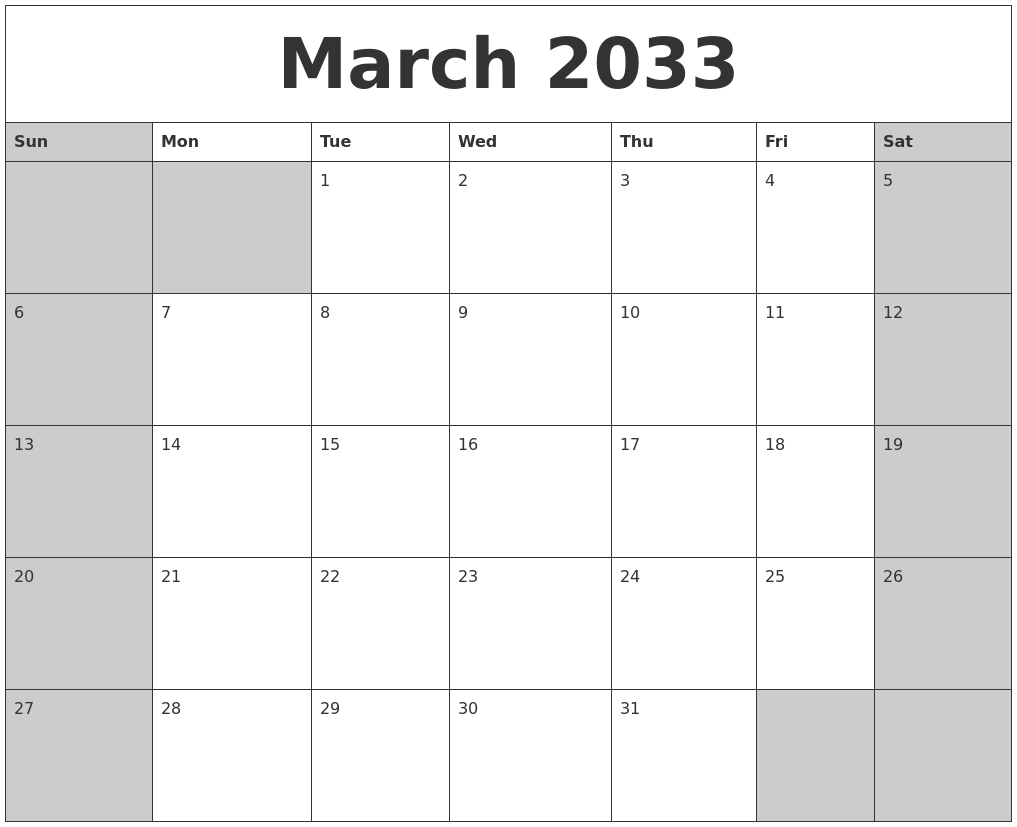 March 2033 Calanders