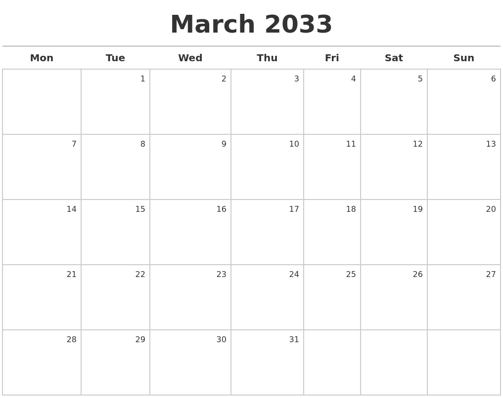 March 2033 Calendar Maker