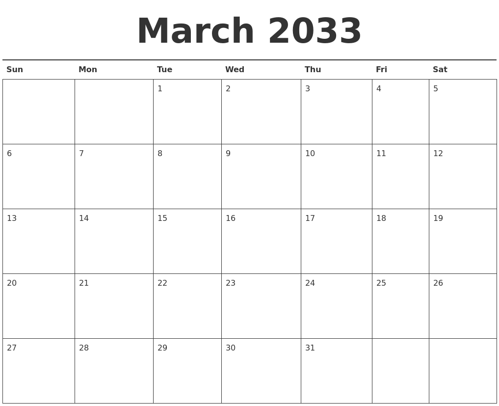 March 2033 Calendar Printable