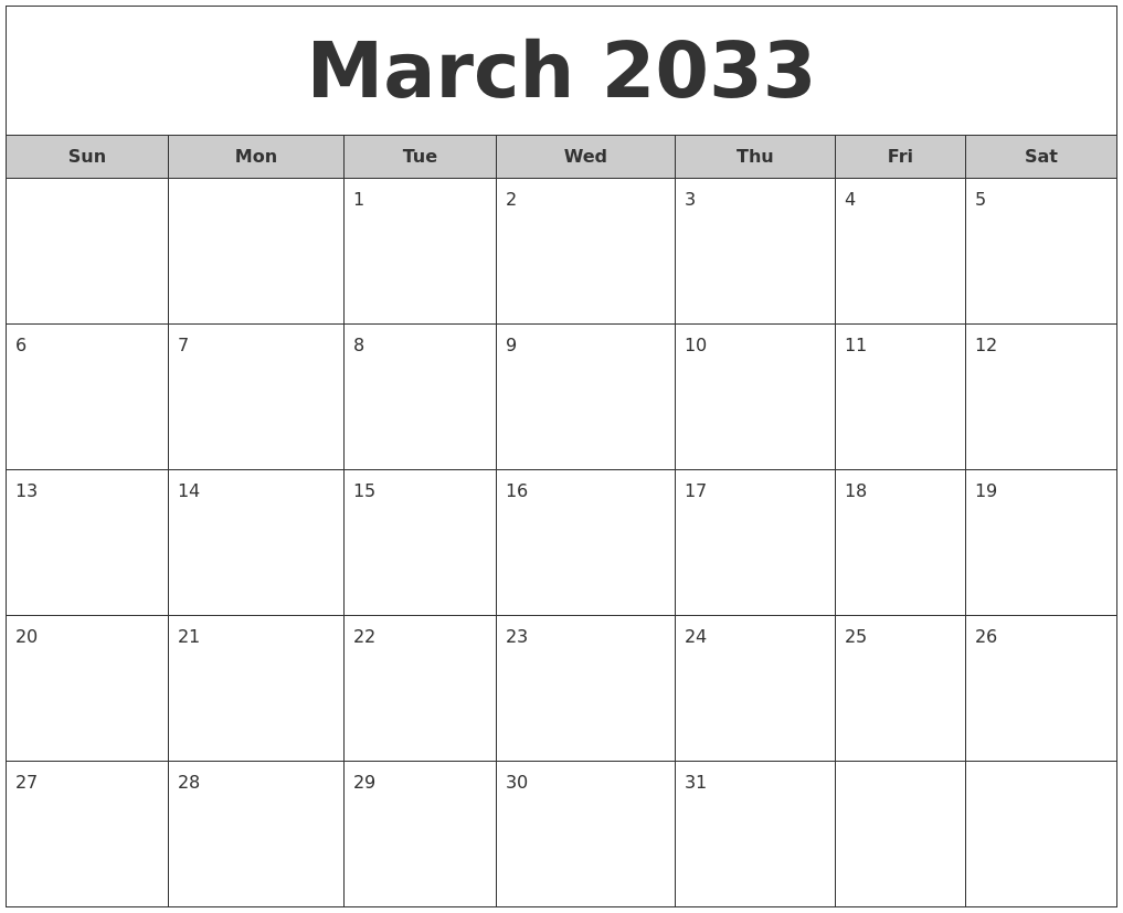 March 2033 Free Monthly Calendar